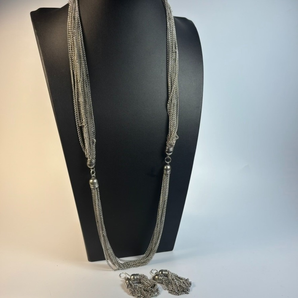 Necklace Set Silver Tone Earrings Chain Tassels‎ Long Interesting Clasp 26 in